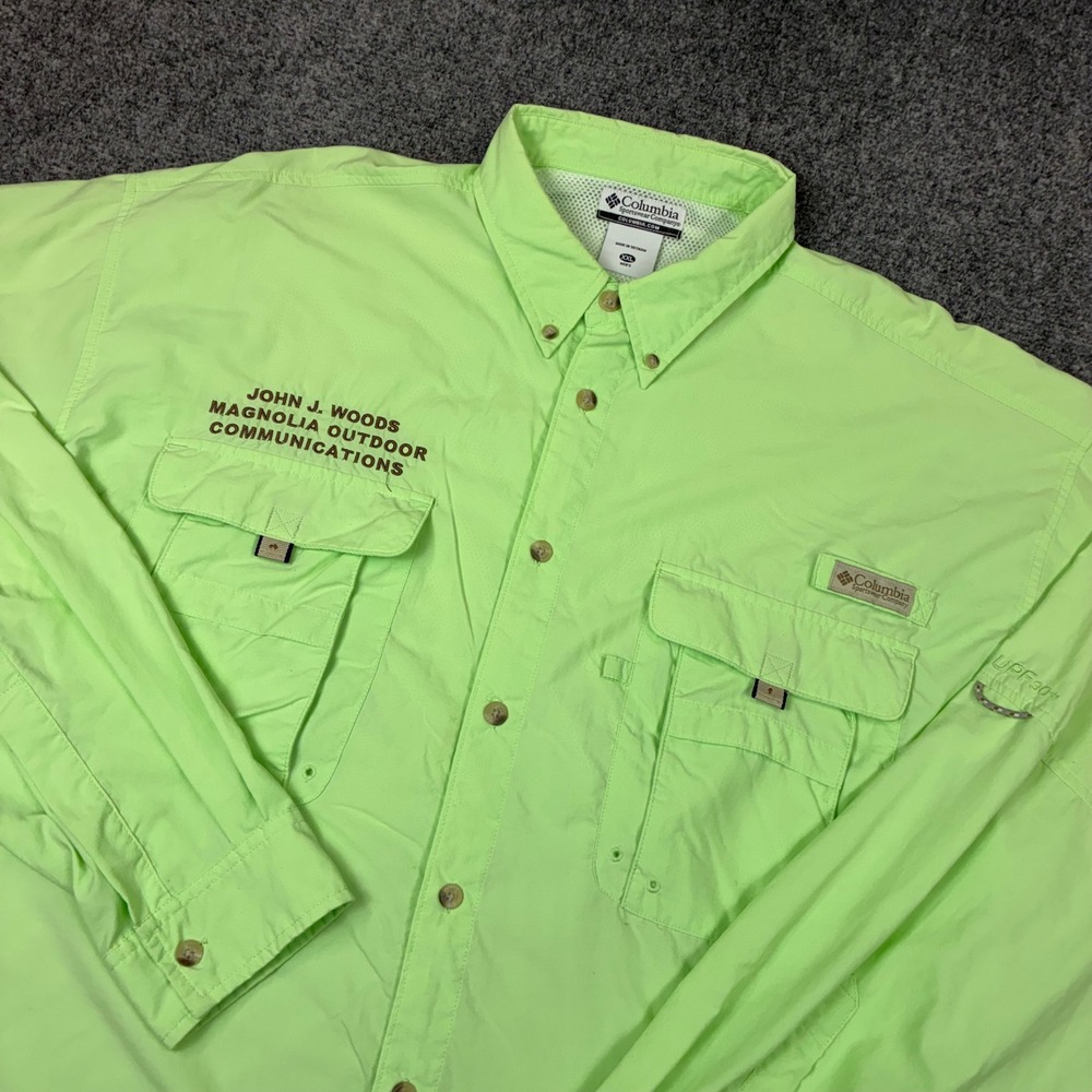 Vintage Columbia PFG Mens 2XL Green Long Sleeve Vented Fishing Shirt UPF 30+